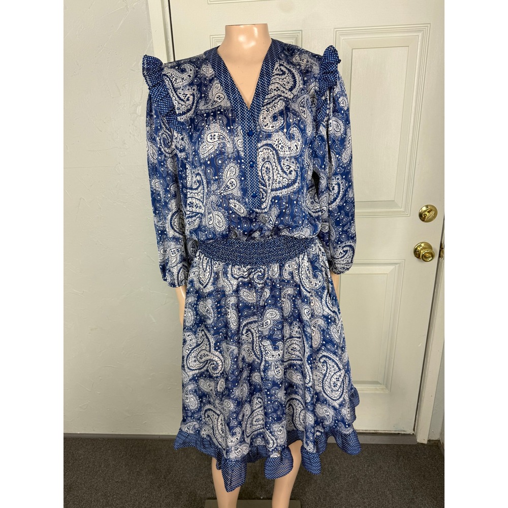 Vintage 70s 80s Diane Freis Polyester Dress Party Floral Ruffle Paisley Party L1